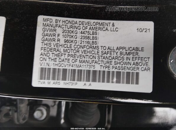 1HGCV1F41MA117375 2021 HONDA ACCORD Black Vista del compartimento del motor