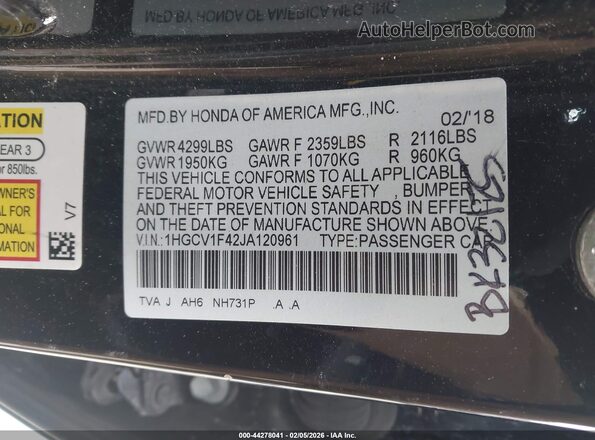 1HGCV1F42JA120961 2018 HONDA ACCORD Black Շարժիչի բաժամունքի տեսք