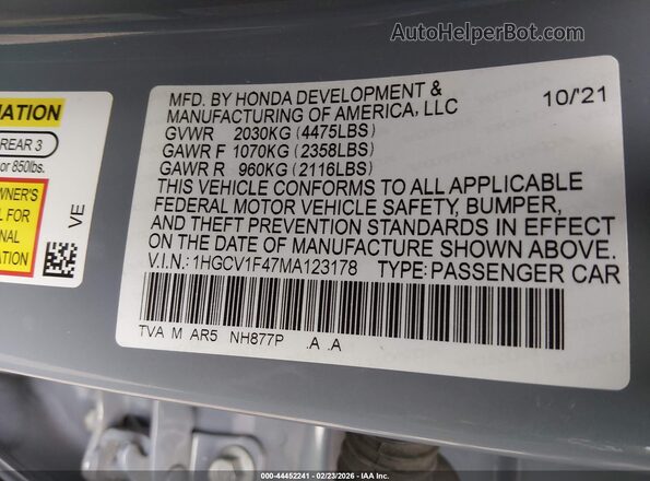1HGCV1F47MA123178 2021 HONDA ACCORD Синий Вид подкапотного пространства