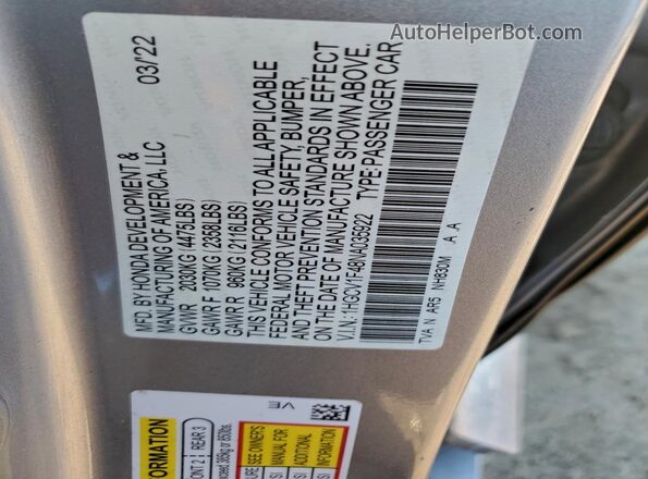 1HGCV1F48NA035922 2022 HONDA ACCORD Silver Вид підкапотного простору