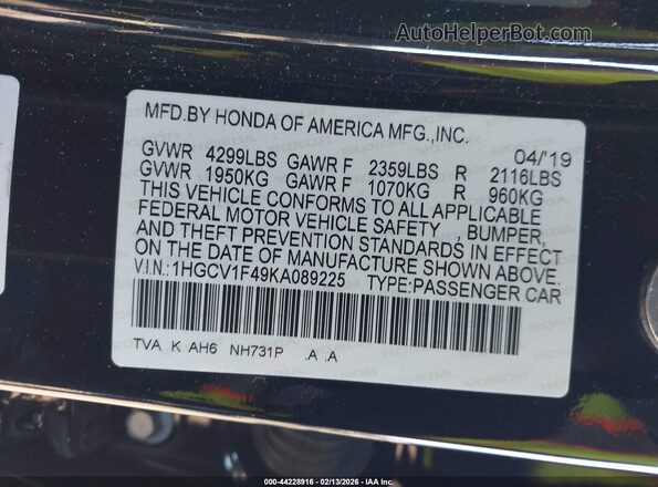 1HGCV1F49KA089225 2019 HONDA ACCORD Black 