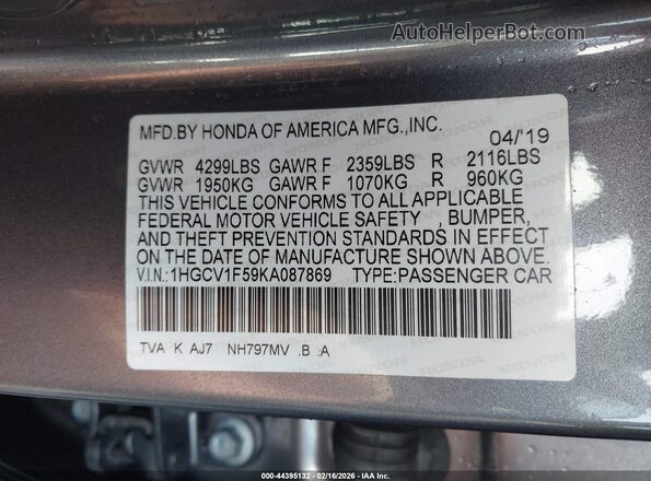 1HGCV1F59KA087869 2019 HONDA ACCORD Серый Вид подкапотного пространства