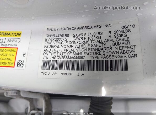 1HGCV2E35JA044067 2018 HONDA ACCORD Белый Вид подкапотного пространства