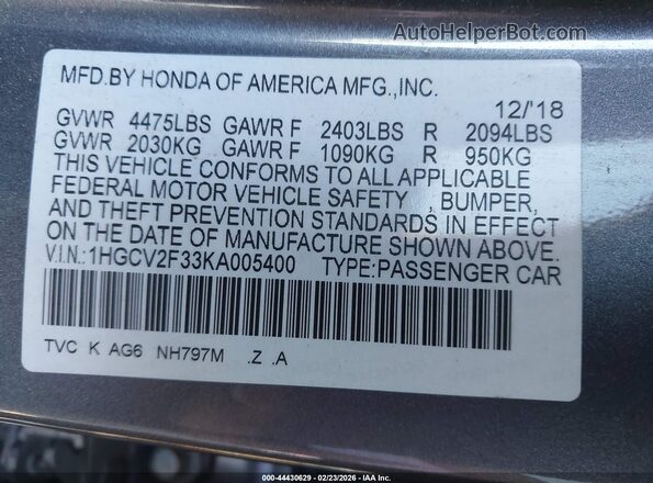1HGCV2F33KA005400 2019 HONDA ACCORD Gray 