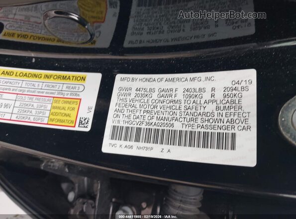 1HGCV2F36KA020506 2019 HONDA ACCORD Black 