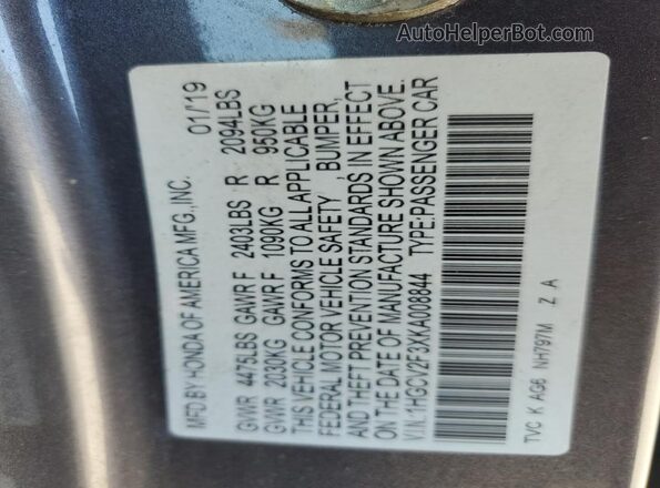 1HGCV2F3XKA008844 2019 HONDA ACCORD Gray 