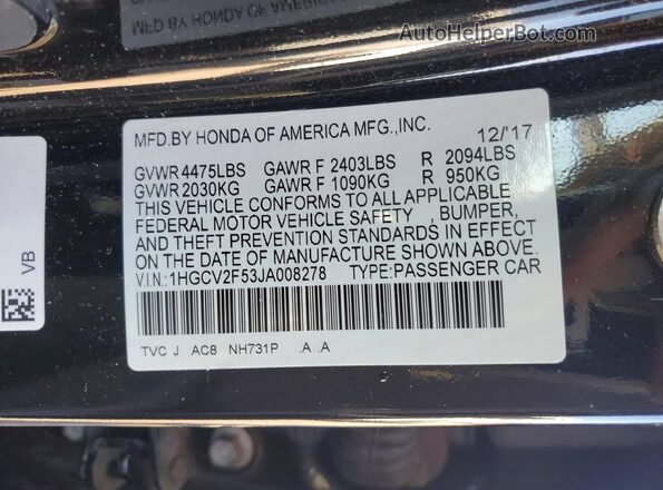 1HGCV2F53JA008278 2018 HONDA ACCORD Black Vista de la etiqueta del VIN