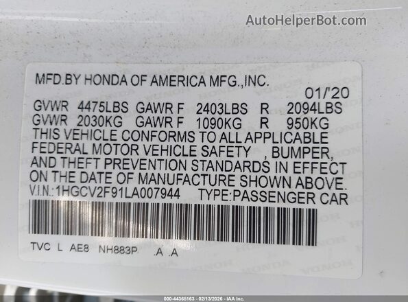 1HGCV2F91LA007944 2020 HONDA ACCORD White Շարժիչի բաժամունքի տեսք