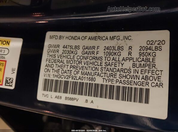 1HGCV2F92LA011680 2020 HONDA ACCORD Blue ძრავის განყოფილების ხედი