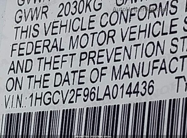 1HGCV2F96LA014436 2020 HONDA ACCORD Белый Вид подкапотного пространства