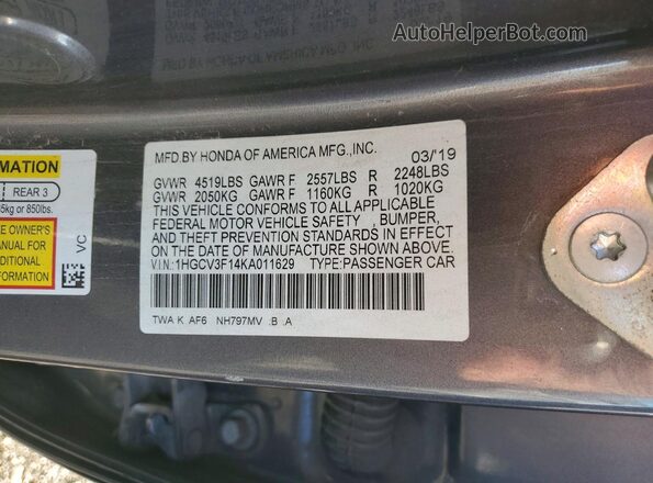 1HGCV3F14KA011629 2019 HONDA ACCORD Серый 