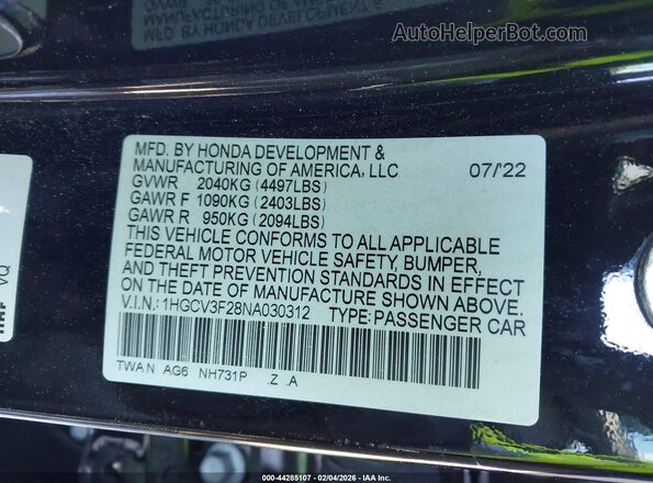 1HGCV3F28NA030312 2022 HONDA ACCORD Black Вид підкапотного простору