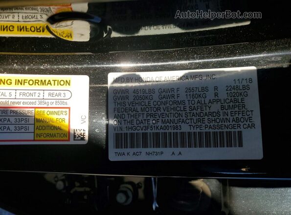1HGCV3F51KA001983 2019 HONDA ACCORD Black 