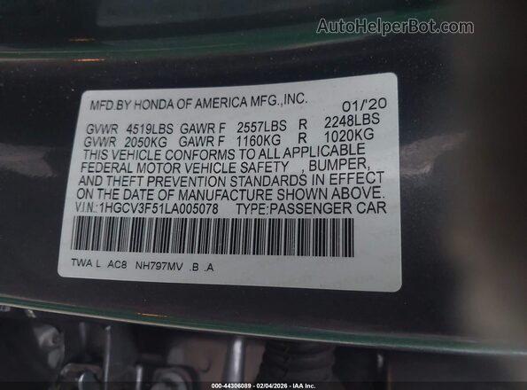 1HGCV3F51LA005078 2020 HONDA ACCORD HYBRID Gray 