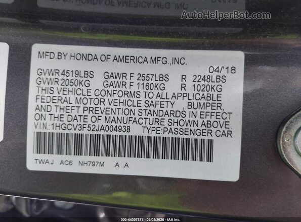 1HGCV3F52JA004938 2018 HONDA ACCORD HYBRID Gray 