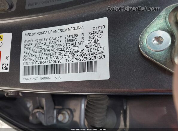 1HGCV3F54KA006790 2019 HONDA ACCORD HYBRID Gray Շարժիչի բաժամունքի տեսք