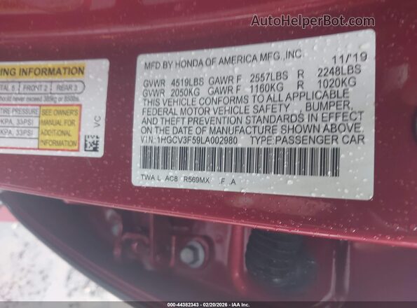 1HGCV3F59LA002980 2020 HONDA ACCORD HYBRID Red 