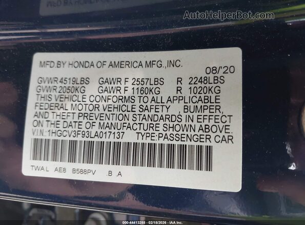 1HGCV3F93LA017137 2020 HONDA ACCORD HYBRID Blue 