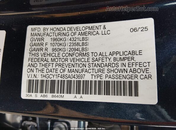 1HGCY1F48SA043697 2025 HONDA ACCORD Blue Widok komory silnika