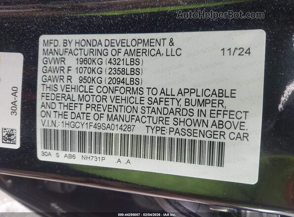 1HGCY1F49SA014287 2025 HONDA ACCORD Black Vista del compartimento del motor