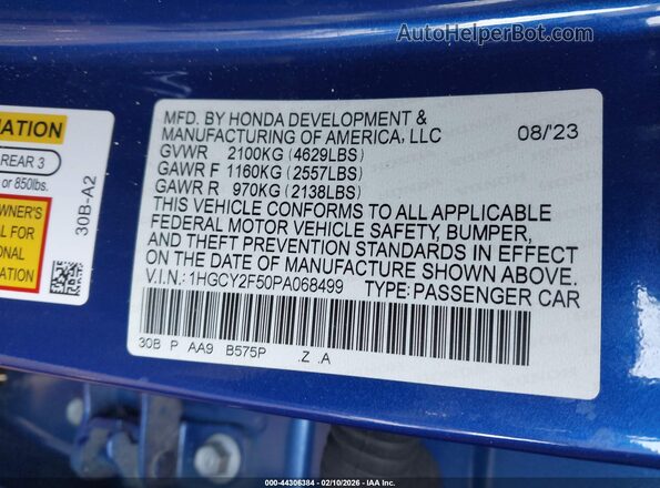 1HGCY2F50PA068499 2023 HONDA ACCORD Blue Vista del compartimento del motor