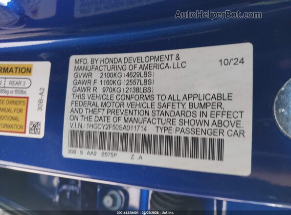 1HGCY2F50SA011714 2025 HONDA ACCORD HYBRID Blue 