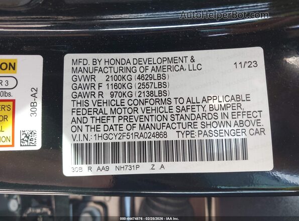 1HGCY2F51RA024868 2024 HONDA ACCORD Black Widok komory silnika