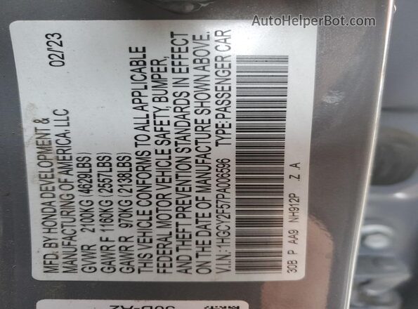 1HGCY2F57PA006596 2023 HONDA ACCORD Blue Вид наклейки з VIN-кодом