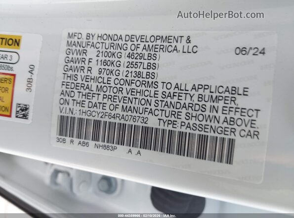 1HGCY2F64RA076732 2024 HONDA ACCORD White ძრავის განყოფილების ხედი
