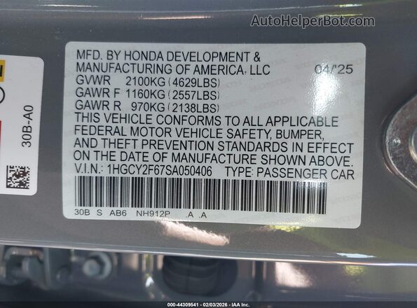 1HGCY2F67SA050406 2025 HONDA ACCORD HYBRID Серый 