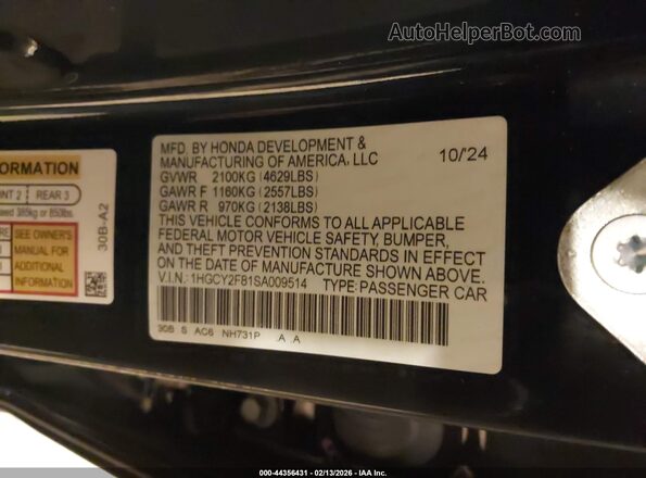 1HGCY2F81SA009514 2025 HONDA ACCORD Black Շարժիչի բաժամունքի տեսք