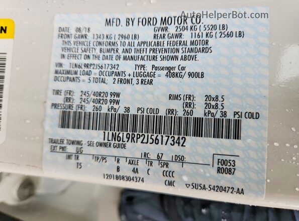 1LN6L9RP2J5617342 2018 LINCOLN CONTINENTA Белый Вид наклейки с VIN-кодом