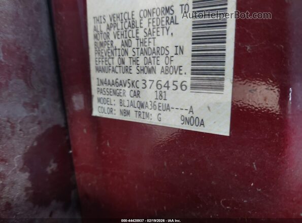 1N4AA6AV5KC376456 2019 NISSAN MAXIMA Red Vista del compartimento del motor
