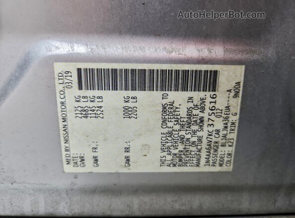 1N4AA6AV7KC375616 2019 NISSAN MAXIMA Silver Вид підкапотного простору