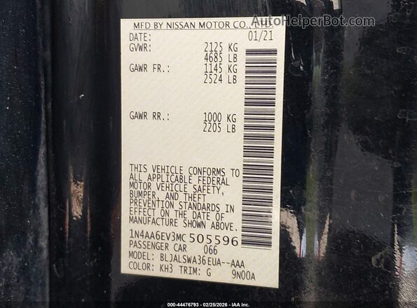 1N4AA6EV3MC505596 2021 NISSAN MAXIMA SR Black Vista del compartimento del motor