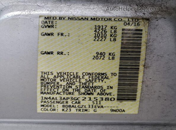 1N4AL3AP3GC215380 2016 NISSAN ALTIMA Silver Вид підкапотного простору