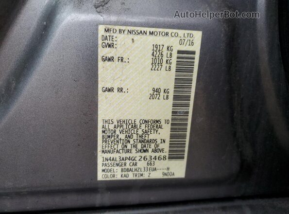 1N4AL3AP4GC263468 2016 NISSAN ALTIMA Gray Vista de la etiqueta del VIN