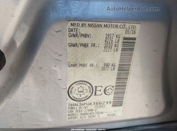 1N4AL3AP5GN366239 2016 NISSAN ALTIMA Silver Widok komory silnika