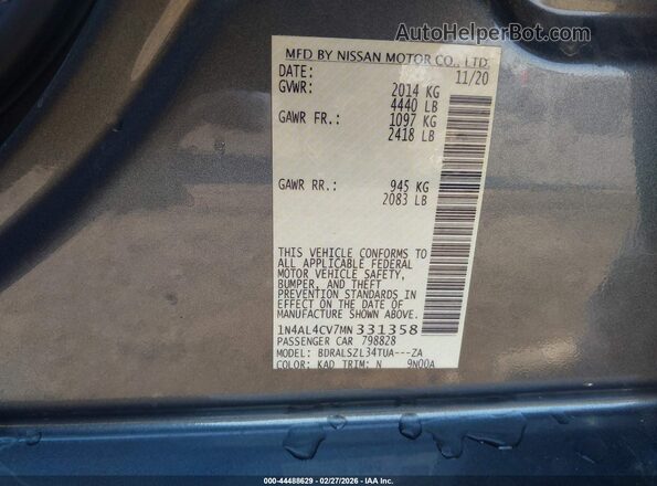 1N4AL4CV7MN331358 2021 NISSAN ALTIMA Gray Շարժիչի բաժամունքի տեսք