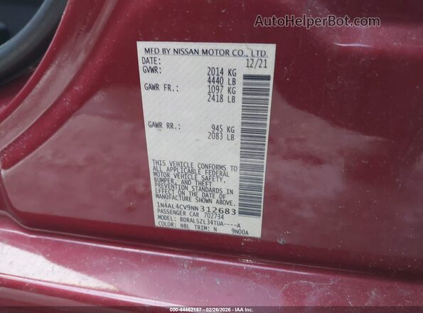 1N4AL4CV9NN312683 2022 NISSAN ALTIMA Red Շարժիչի բաժամունքի տեսք