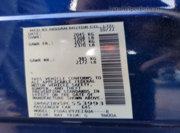 1N4AZ1BV5PC553993 2023 NISSAN LEAF Blue Vista de la etiqueta del VIN