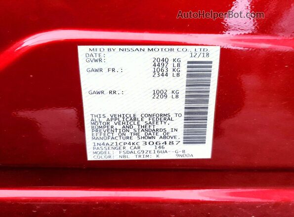 1N4AZ1CP4KC306487 2019 NISSAN LEAF Красный Вид наклейки с VIN-кодом