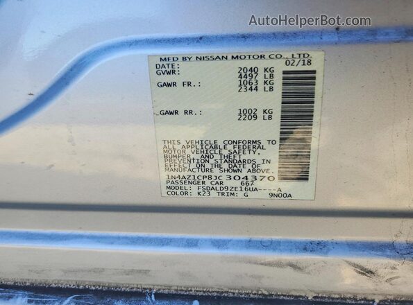 1N4AZ1CP8JC304370 2018 NISSAN LEAF Silver Vista de la etiqueta del VIN
