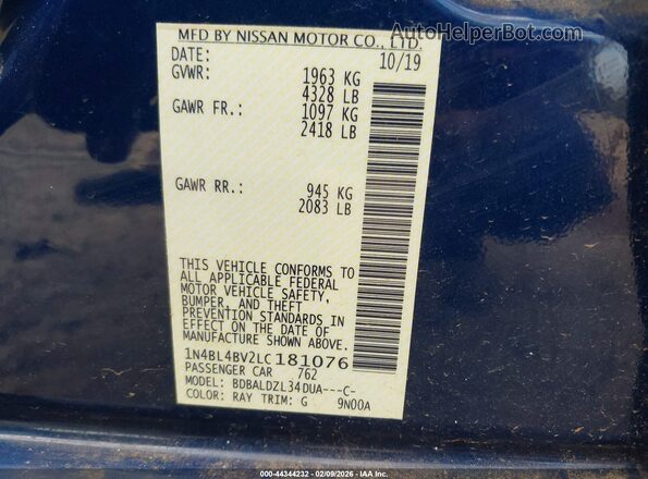 1N4BL4BV2LC181076 2020 NISSAN ALTIMA Blue Vista del compartimento del motor