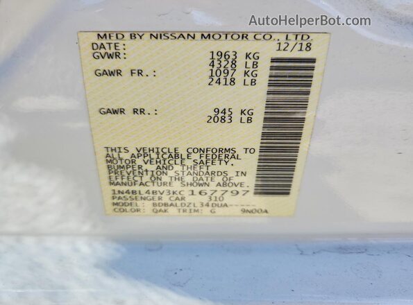 1N4BL4BV3KC167797 2019 NISSAN ALTIMA White 