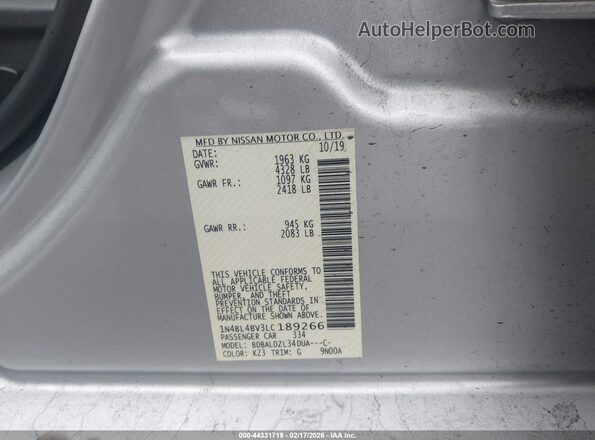 1N4BL4BV3LC189266 2020 NISSAN ALTIMA Silver Вид підкапотного простору