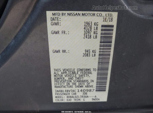 1N4BL4BV5KC140987 2019 NISSAN ALTIMA Gray Շարժիչի բաժամունքի տեսք