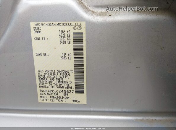 1N4BL4BV5LC245627 2020 NISSAN ALTIMA Gray ძრავის განყოფილების ხედი
