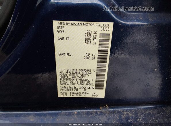 1N4BL4BV8KC102606 2019 NISSAN ALTIMA Blue Вид підкапотного простору