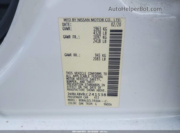 1N4BL4BV8LC241538 2020 NISSAN ALTIMA Белый Вид подкапотного пространства